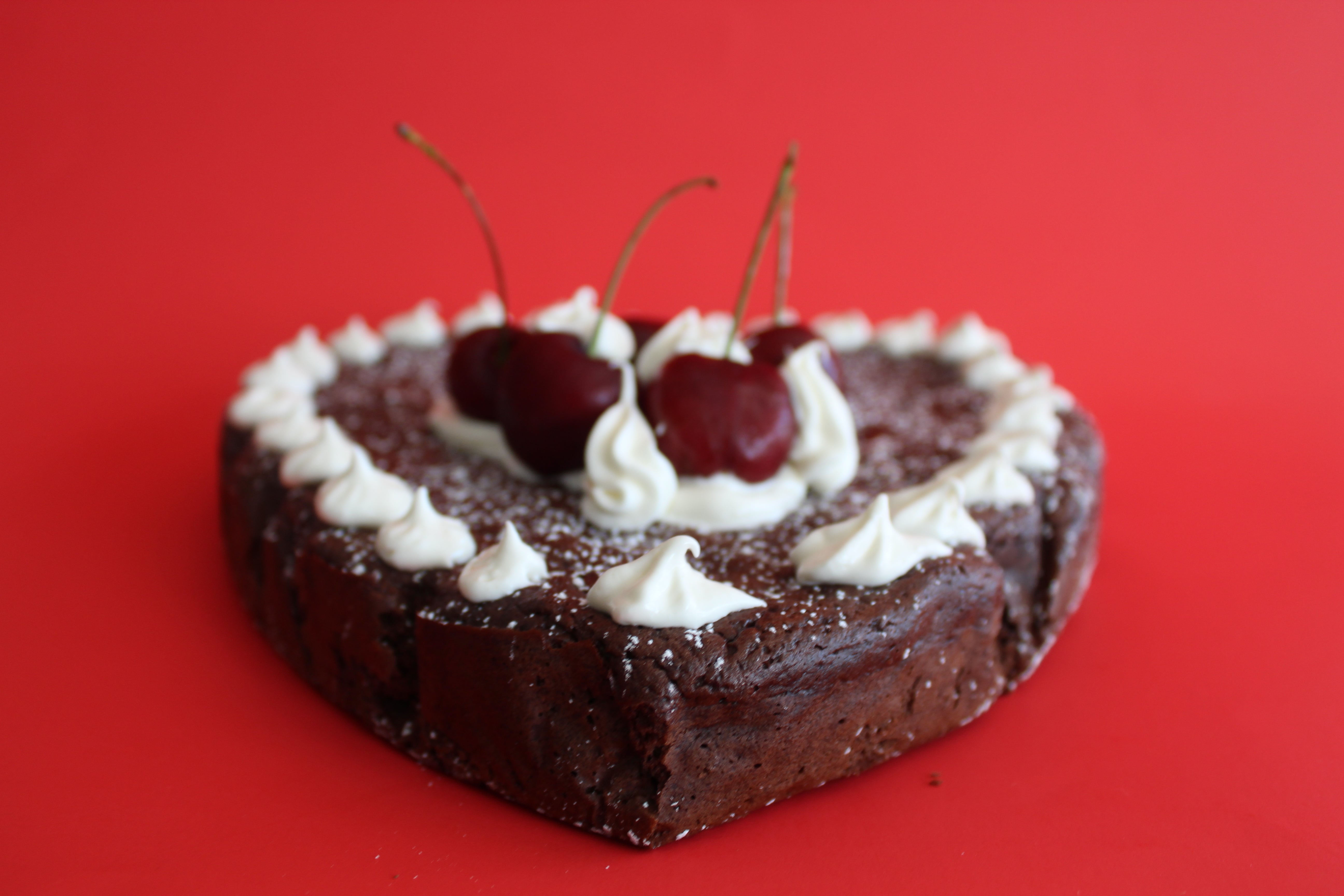 Flourless Choco cake with NO DAIRY whipped cream and fresh cherries