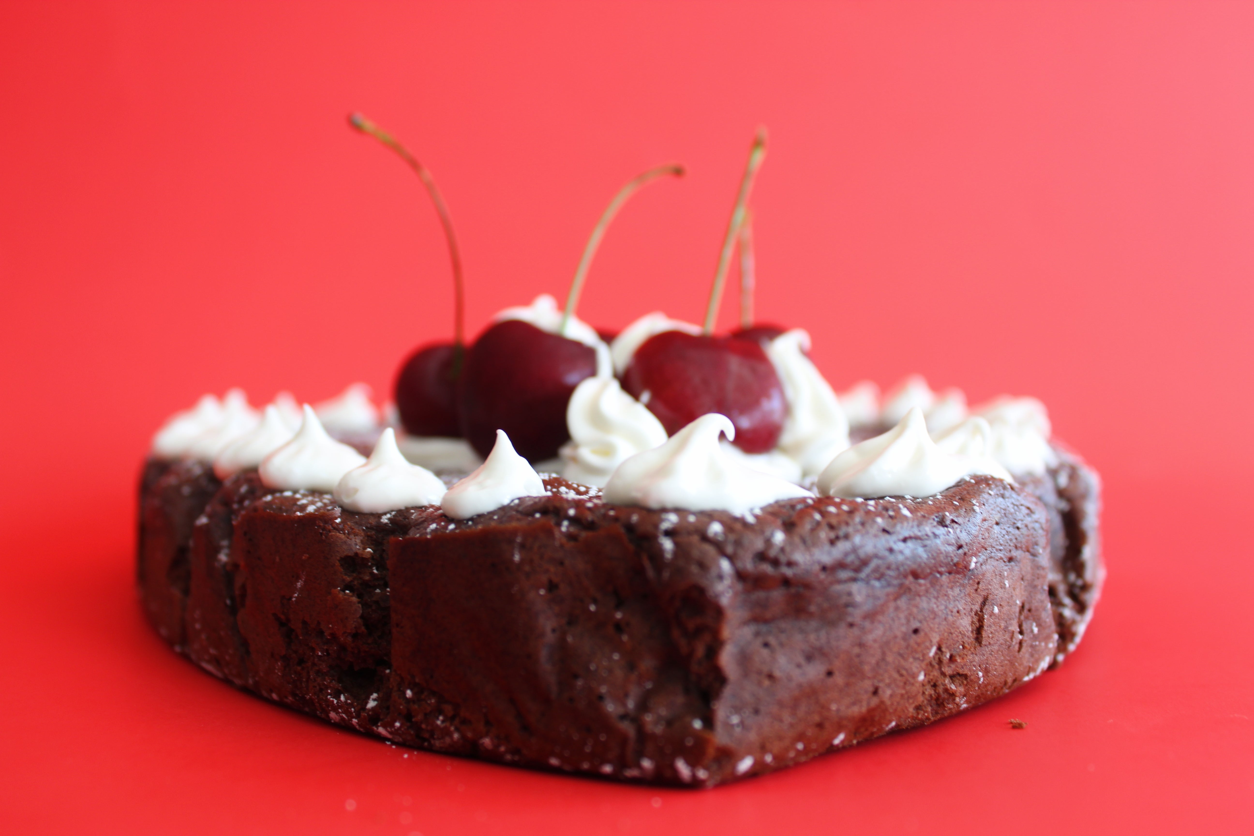 Flourless Choco cake with NO DAIRY whipped cream and fresh cherries